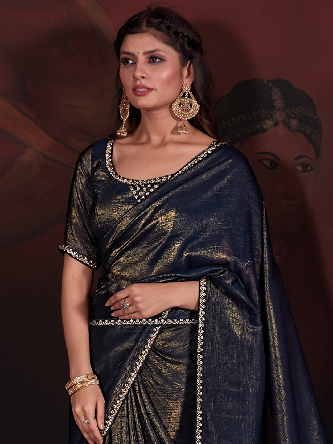 Viscose Silk Navy Blue Embellished Designer Saree With Blouse