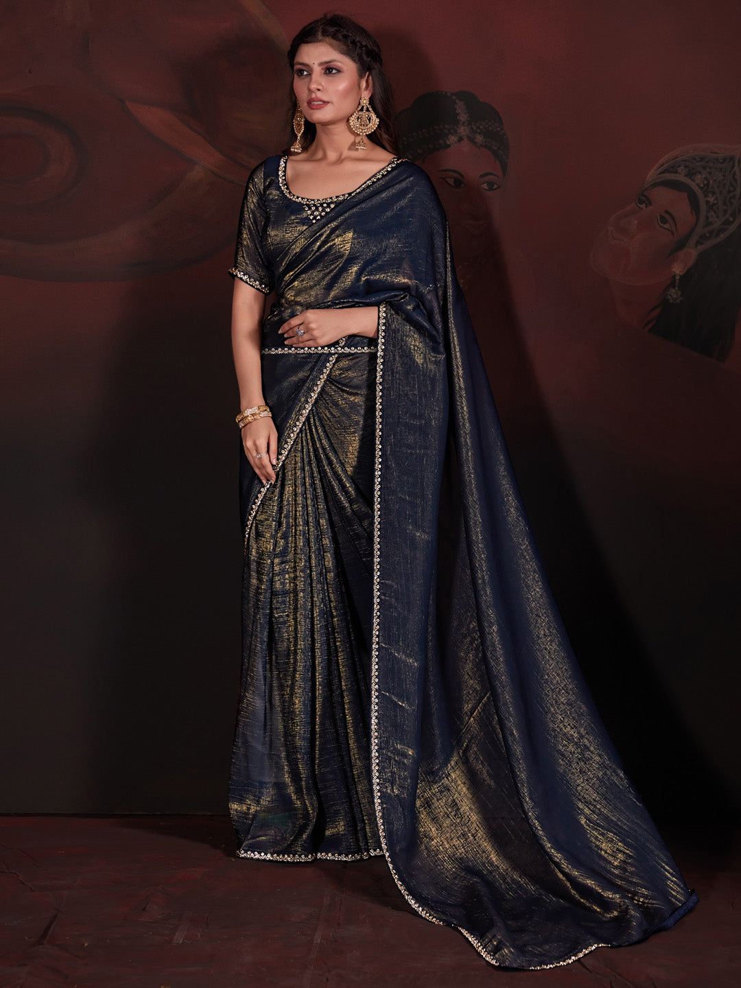 Viscose Silk Navy Blue Embellished Designer Saree With Blouse