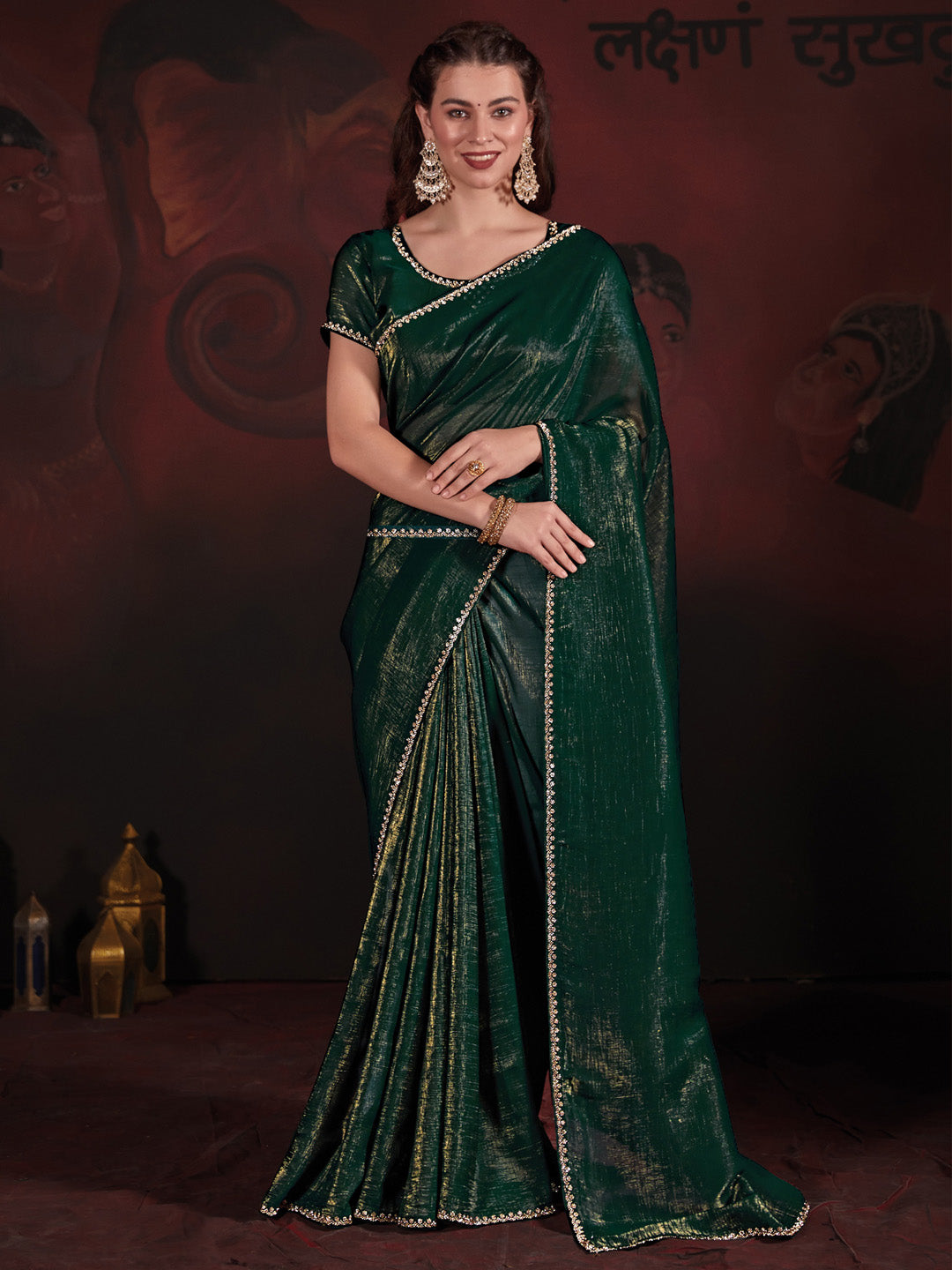 Viscose Silk Green Embellished Designer Saree With Blouse