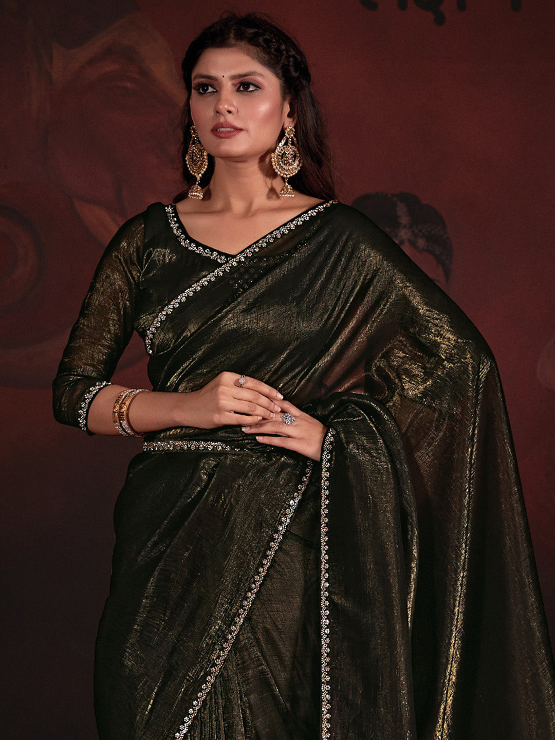 Viscose Silk Olive Embellished Designer Saree With Blouse