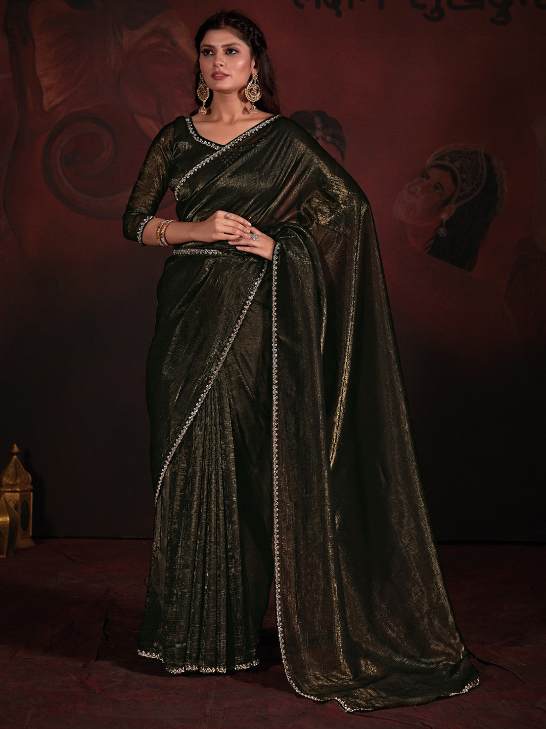 Viscose Silk Olive Embellished Designer Saree With Blouse