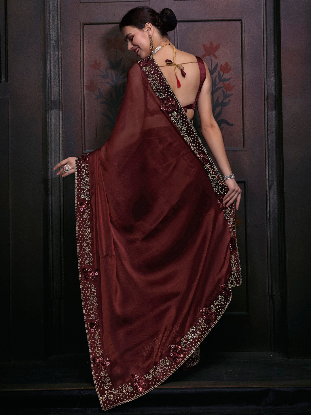 Organza Brown Embellished Designer Saree With Blouse