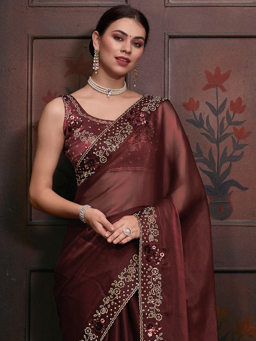 Organza Brown Embellished Designer Saree With Blouse