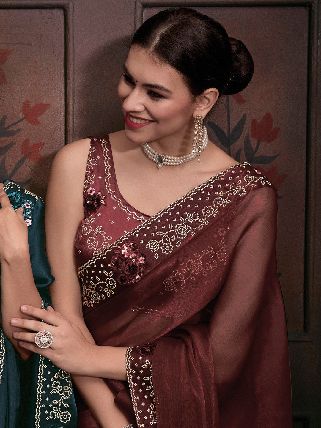 Organza Brown Embellished Designer Saree With Blouse