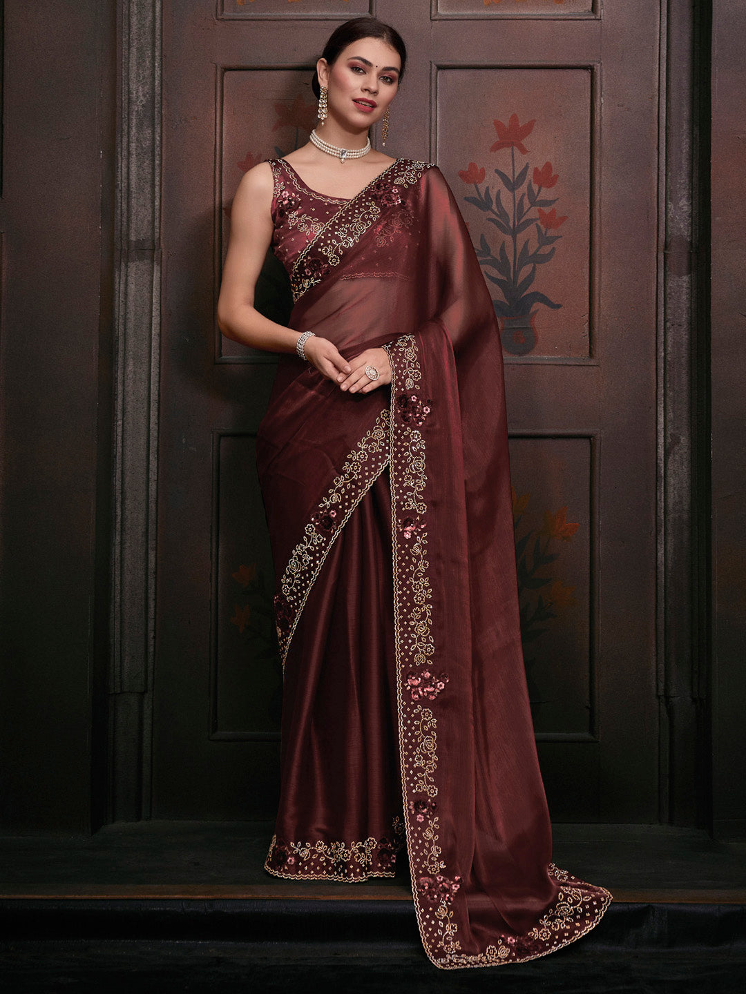 Organza Brown Embellished Designer Saree With Blouse