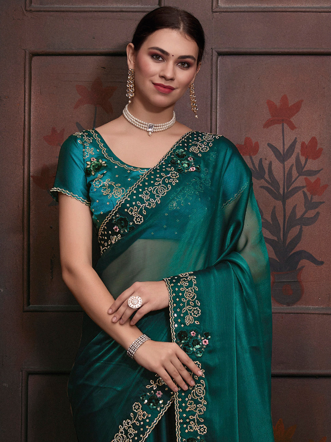 Organza Teal blue Embellished Designer Saree With Blouse