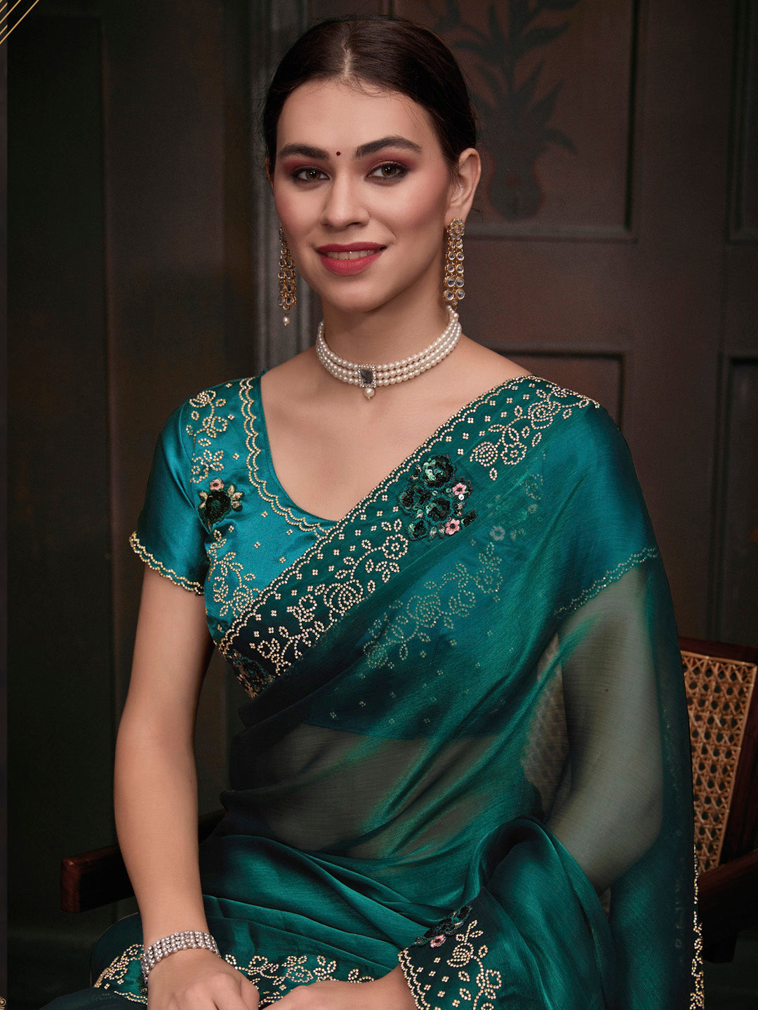 Organza Teal blue Embellished Designer Saree With Blouse