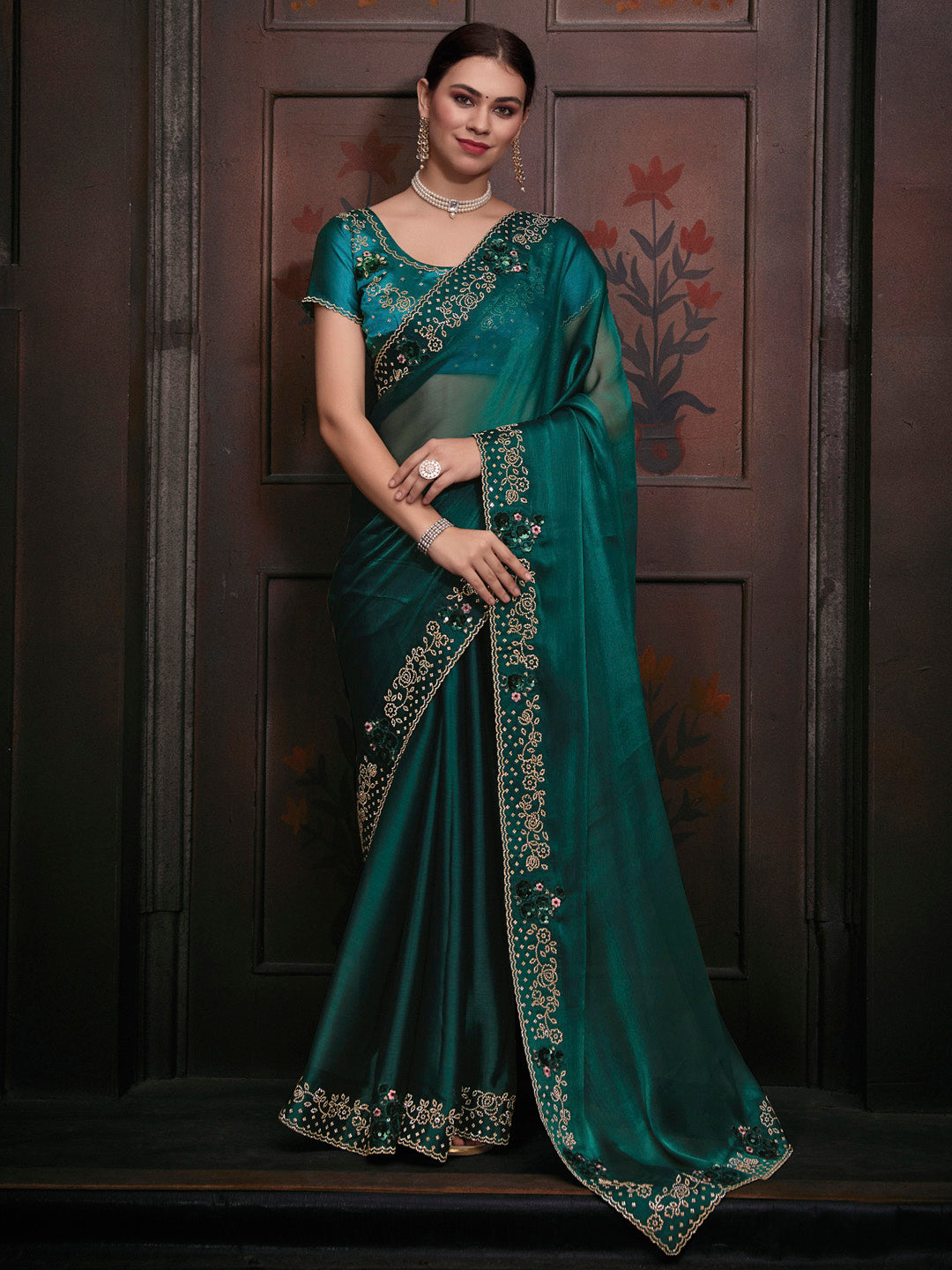 Organza Teal blue Embellished Designer Saree With Blouse