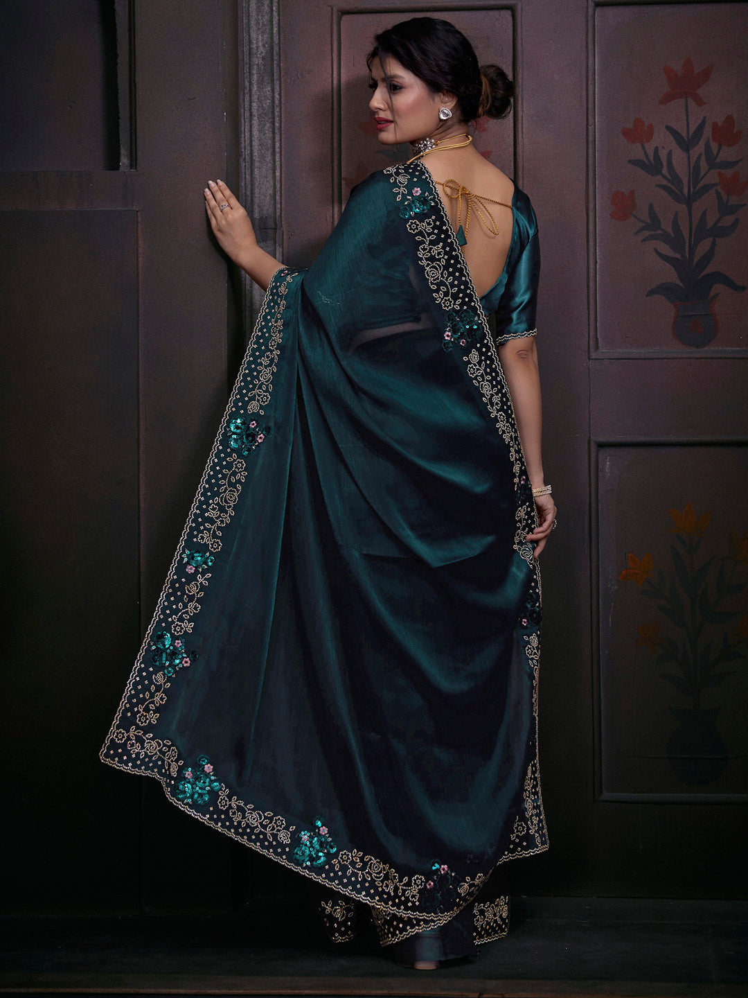 Organza Teal blue Embellished Designer Saree With Blouse