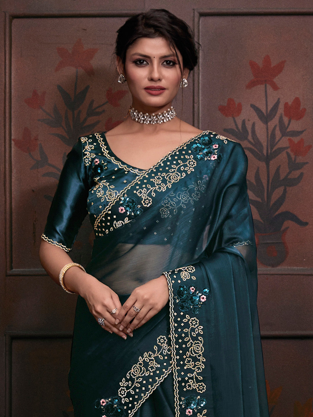 Organza Teal blue Embellished Designer Saree With Blouse