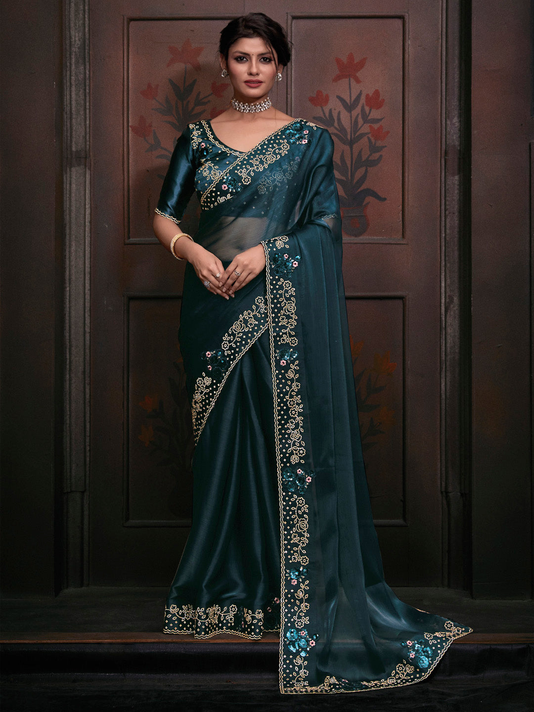 Organza Teal blue Embellished Designer Saree With Blouse