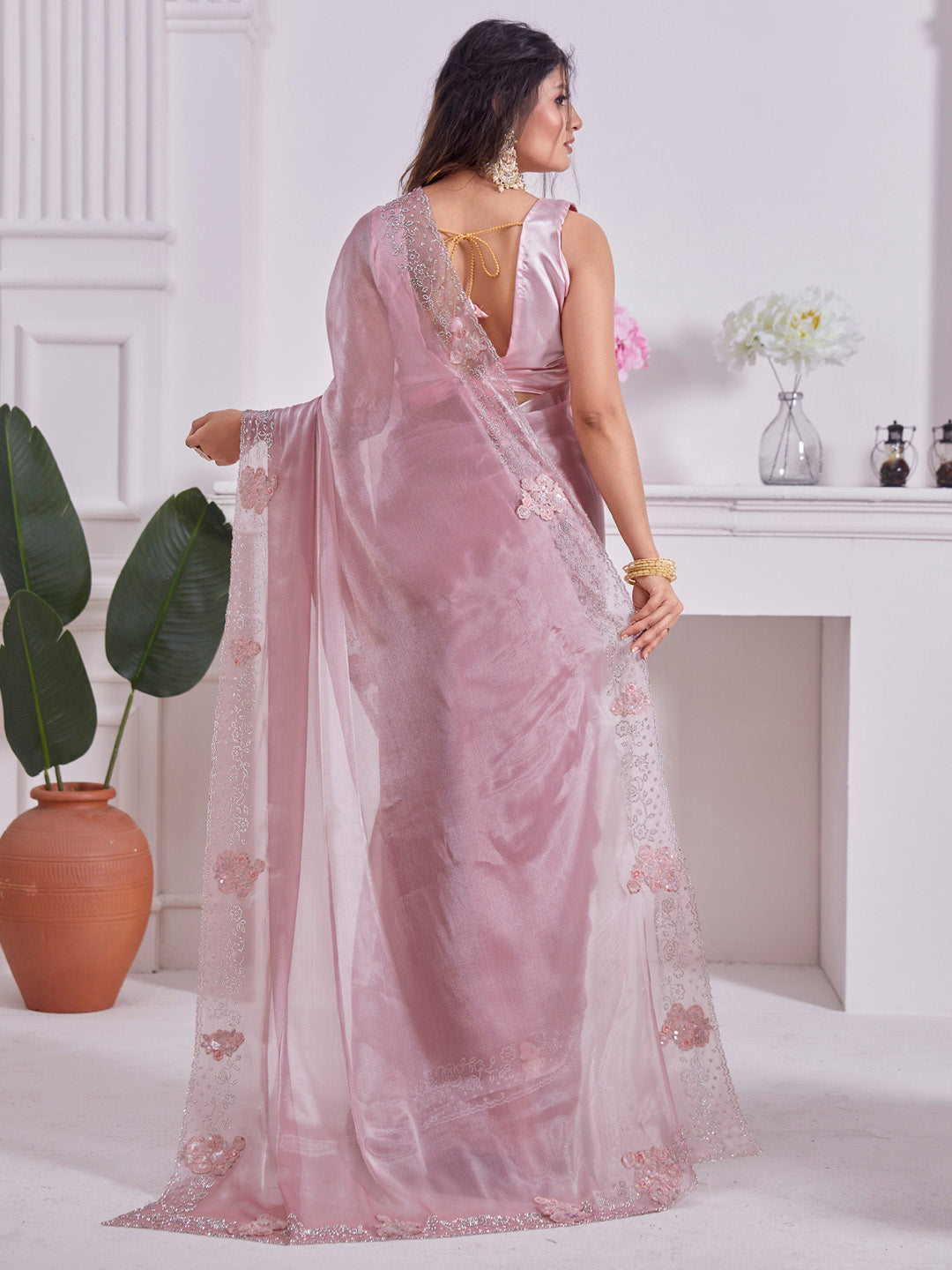 Organza Pink Embellished Designer Saree With Blouse