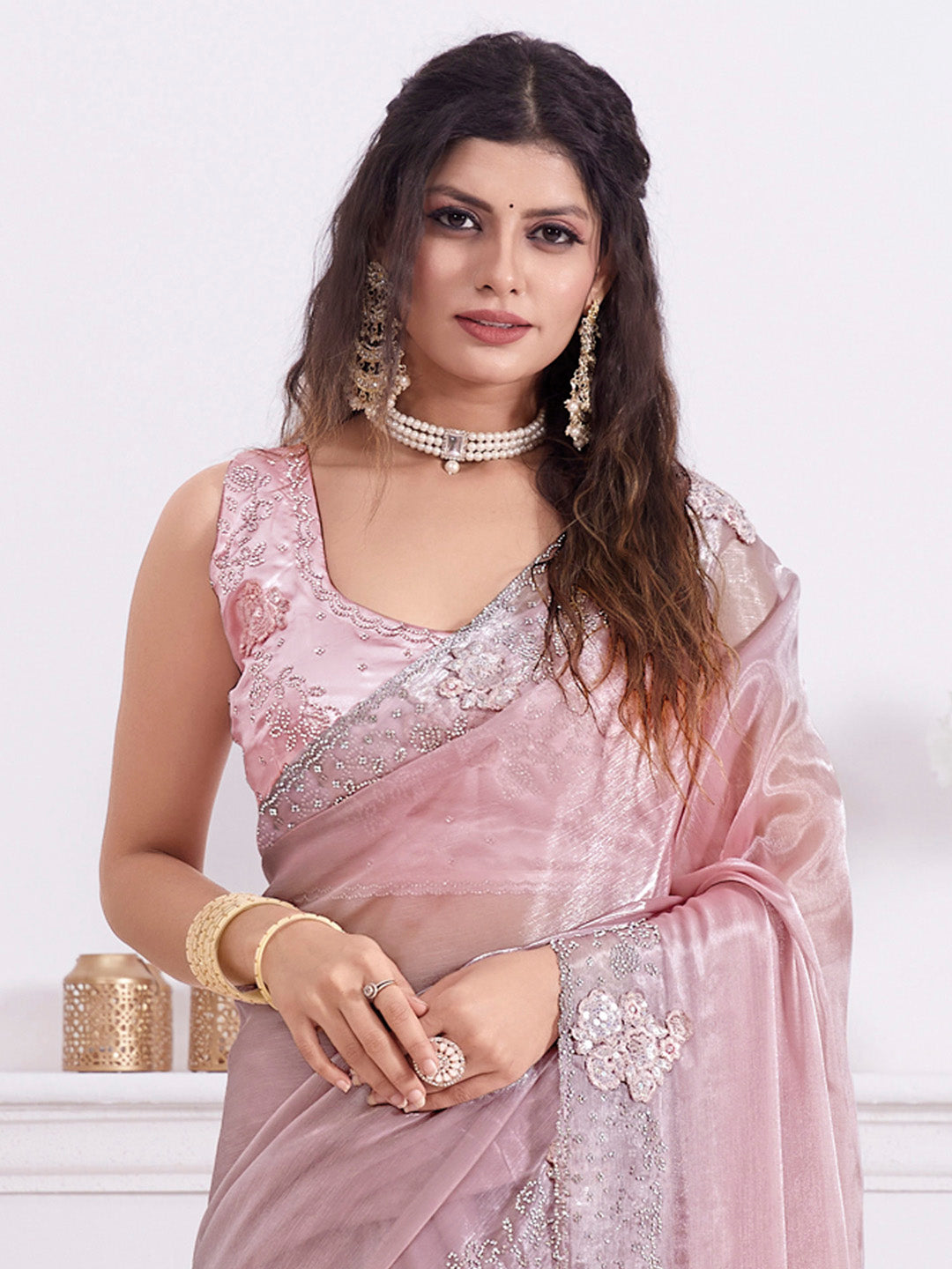 Organza Pink Embellished Designer Saree With Blouse