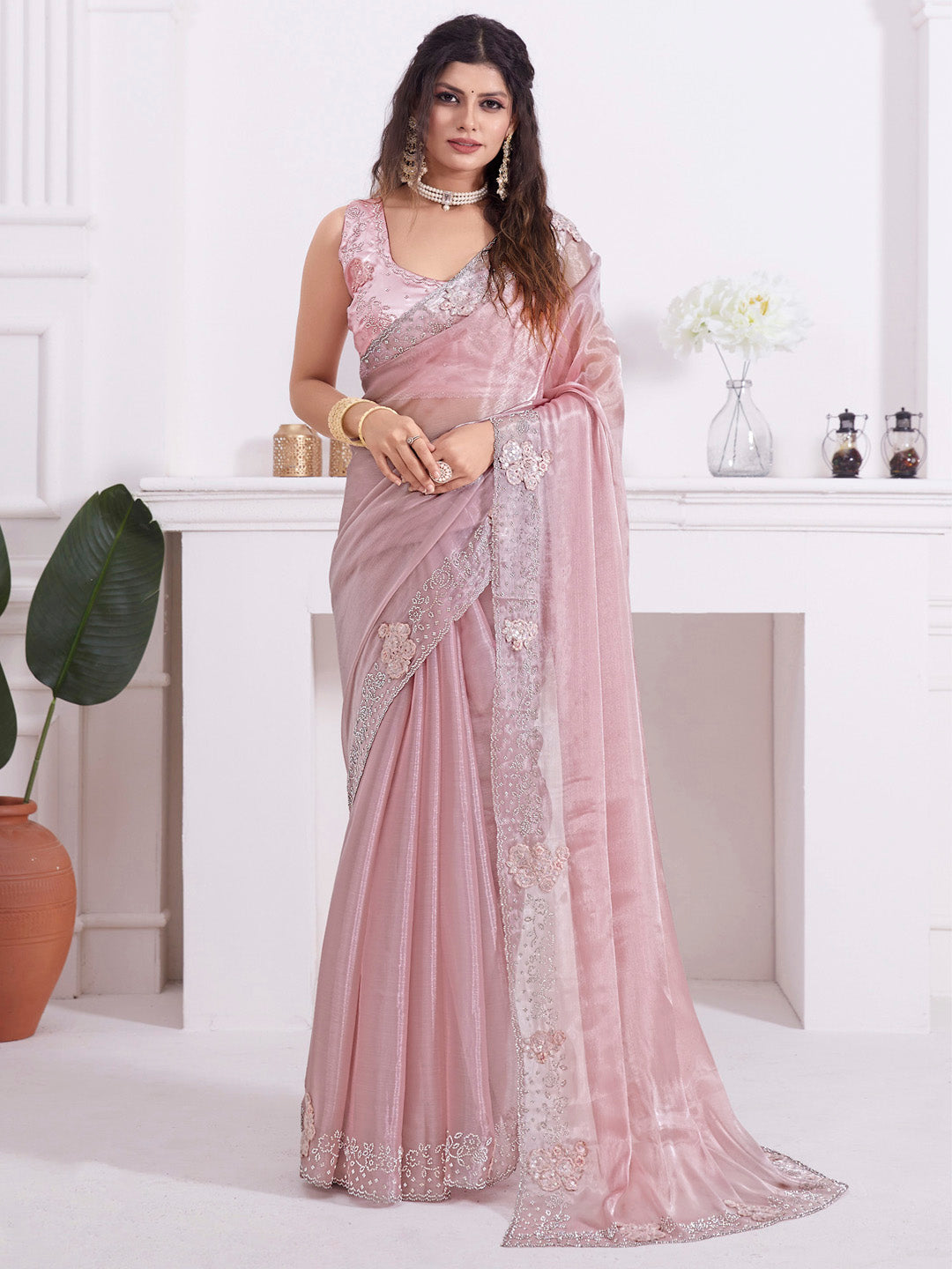 Organza Pink Embellished Designer Saree With Blouse