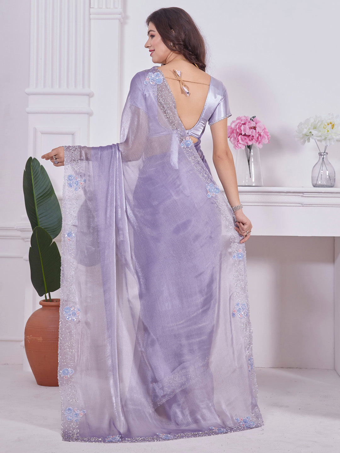 Organza Lavendar Embellished Designer Saree With Blouse