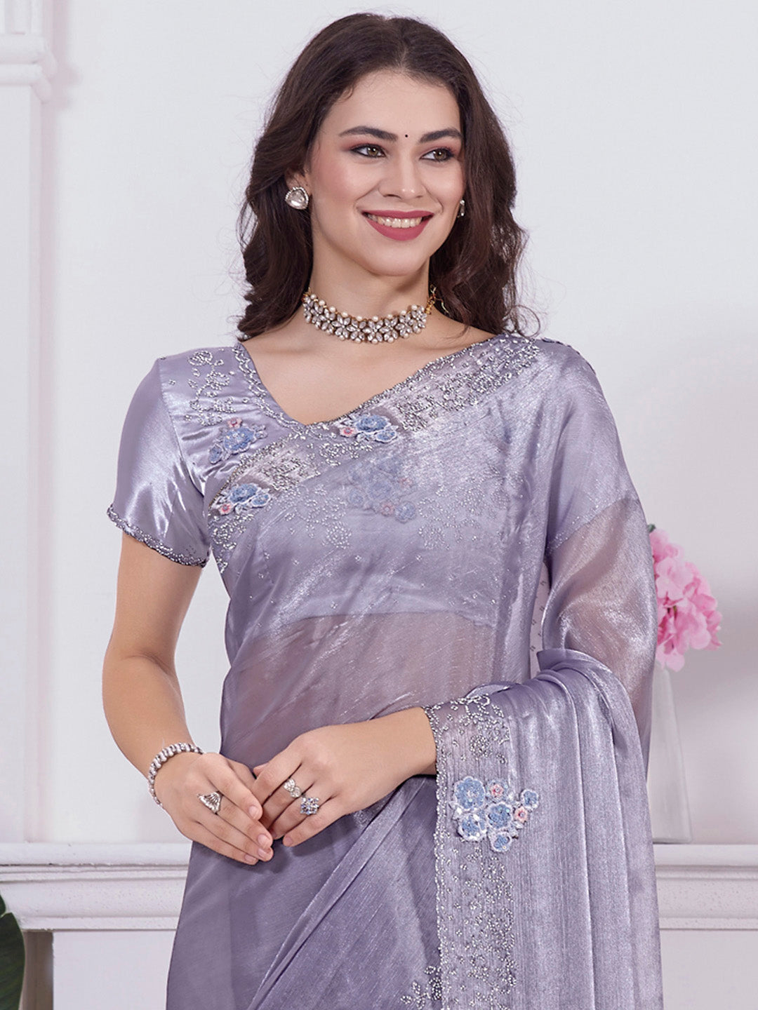 Organza Lavendar Embellished Designer Saree With Blouse