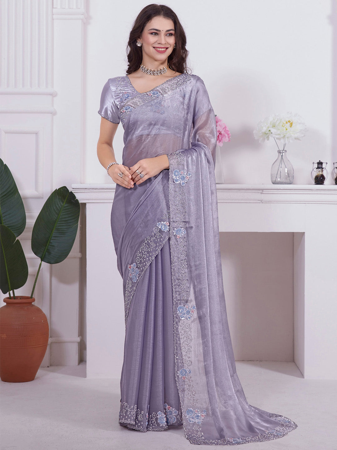 Organza Lavendar Embellished Designer Saree With Blouse