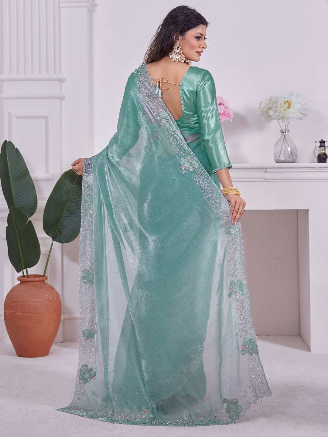 Organza Teal blue Embellished Designer Saree With Blouse