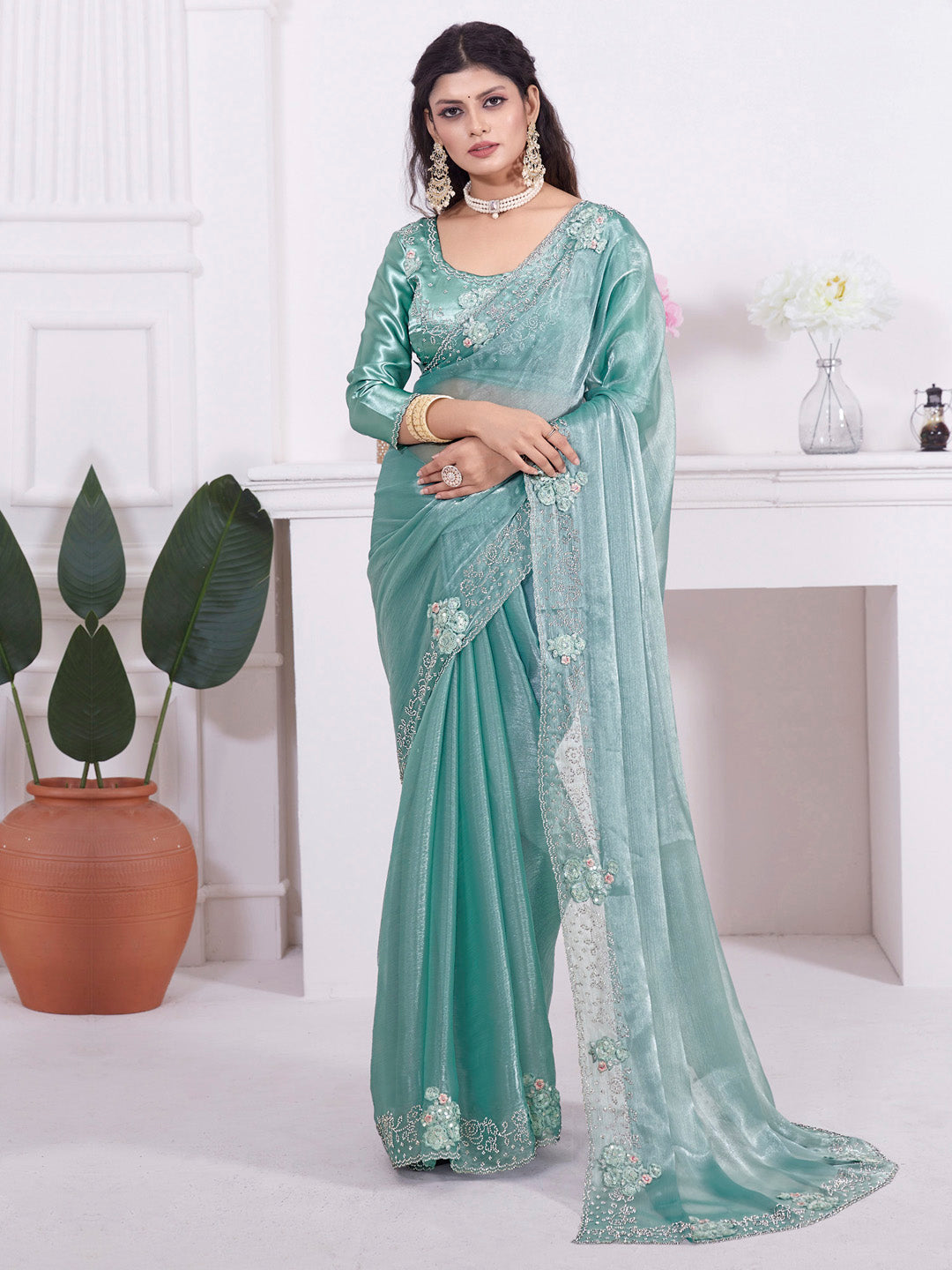 Organza Teal blue Embellished Designer Saree With Blouse