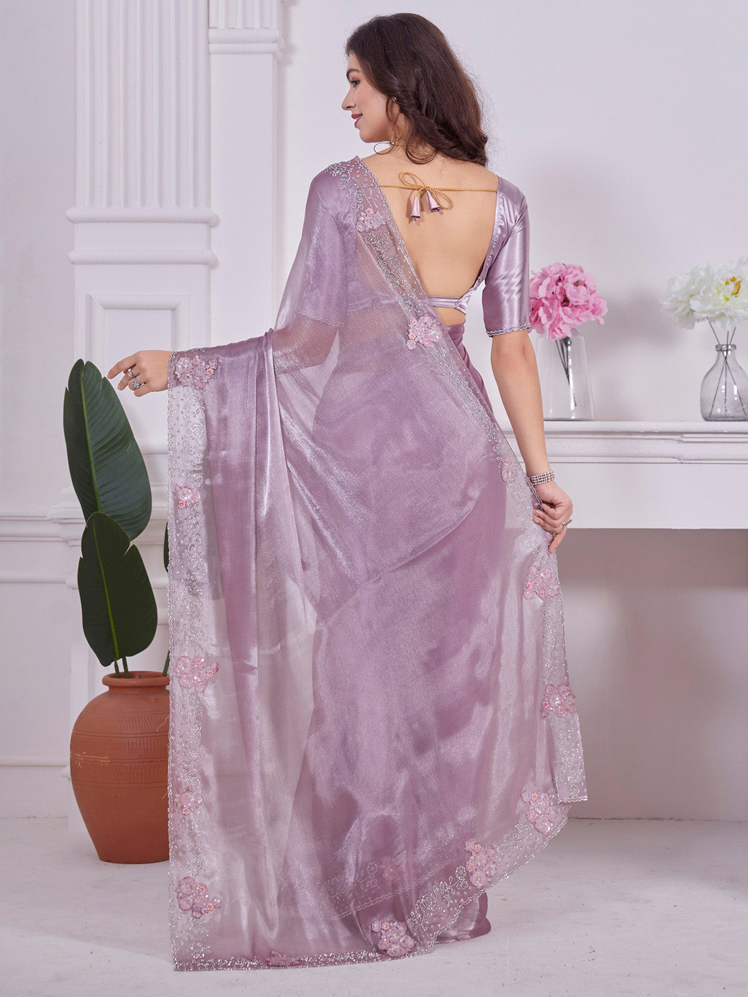 Organza Mauve Embellished Designer Saree With Blouse