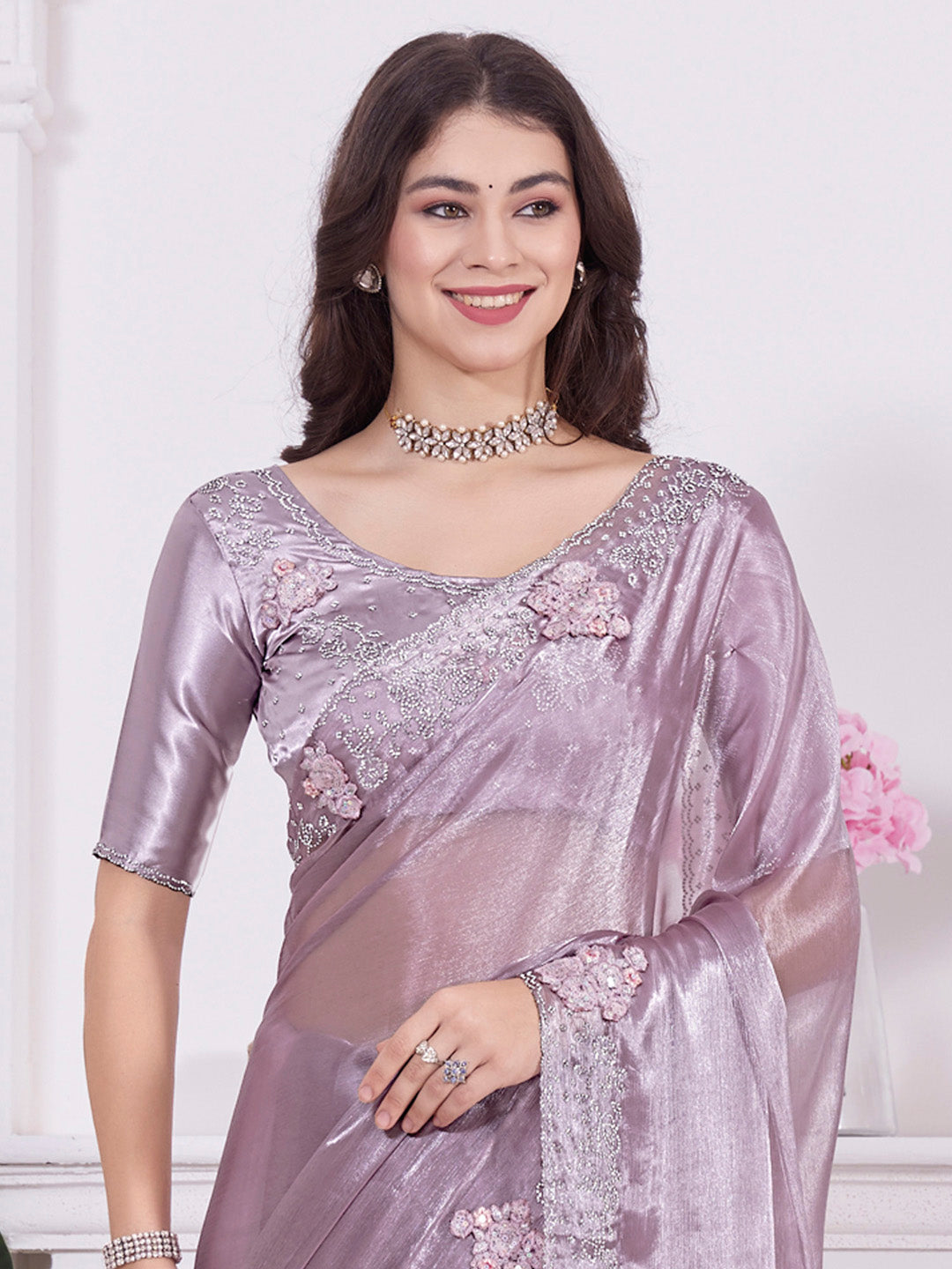 Organza Mauve Embellished Designer Saree With Blouse