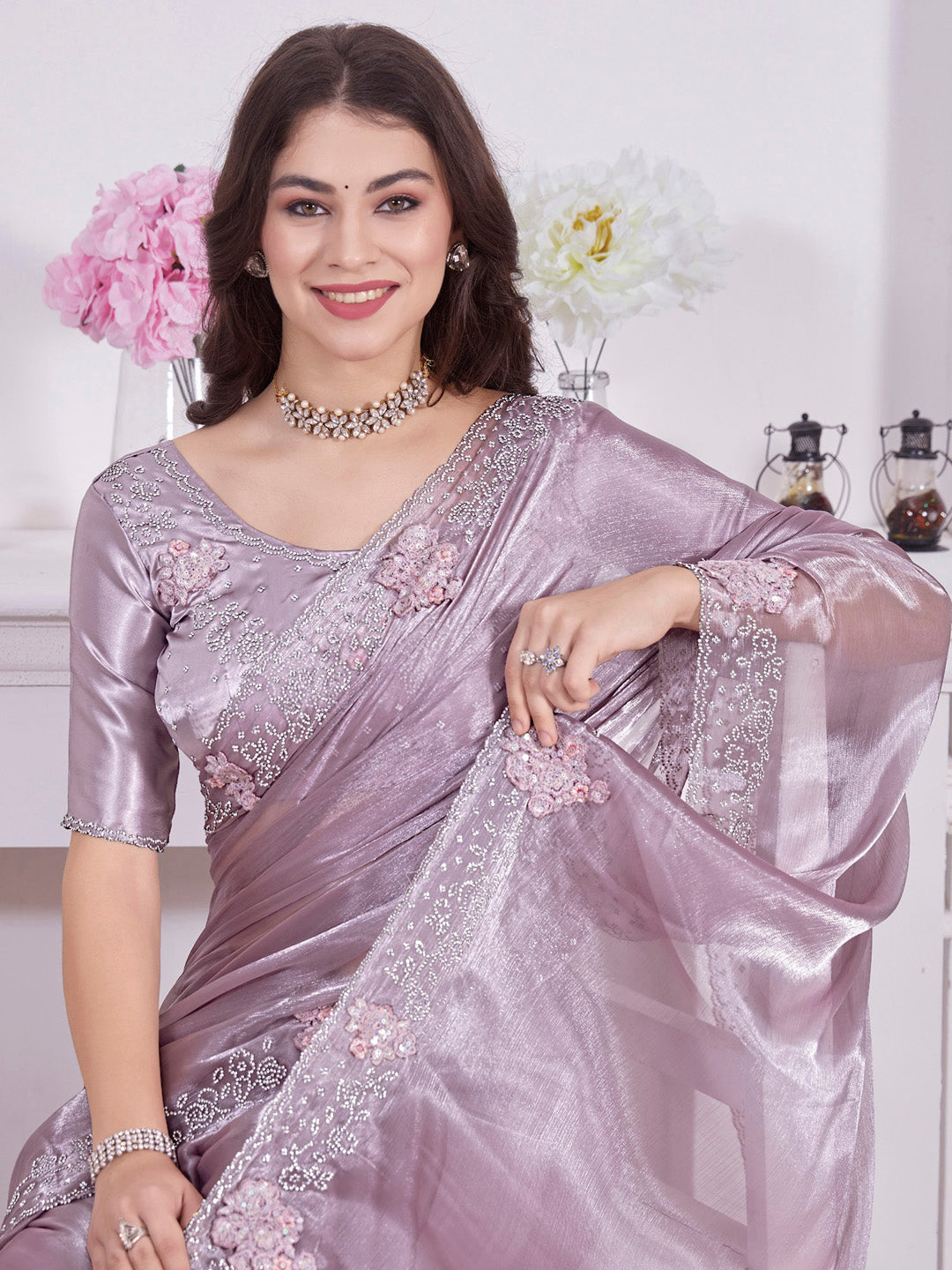 Organza Mauve Embellished Designer Saree With Blouse