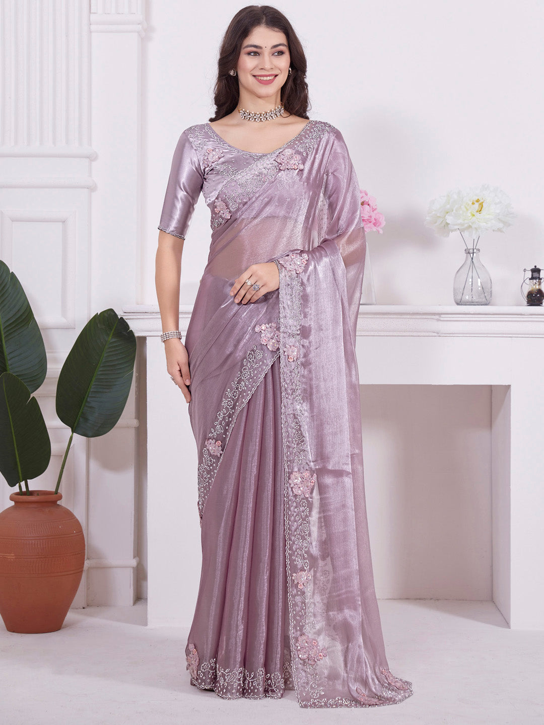 Organza Mauve Embellished Designer Saree With Blouse