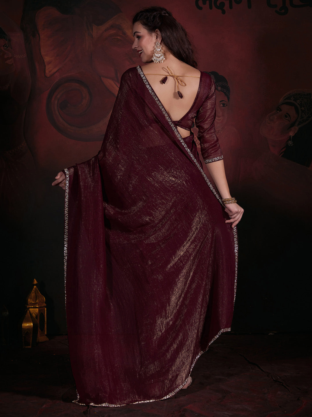 Viscose Silk Brown Embellished Designer Saree With Blouse