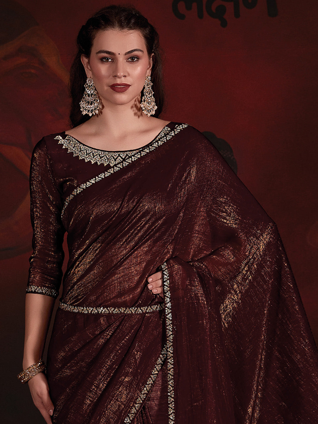 Viscose Silk Brown Embellished Designer Saree With Blouse