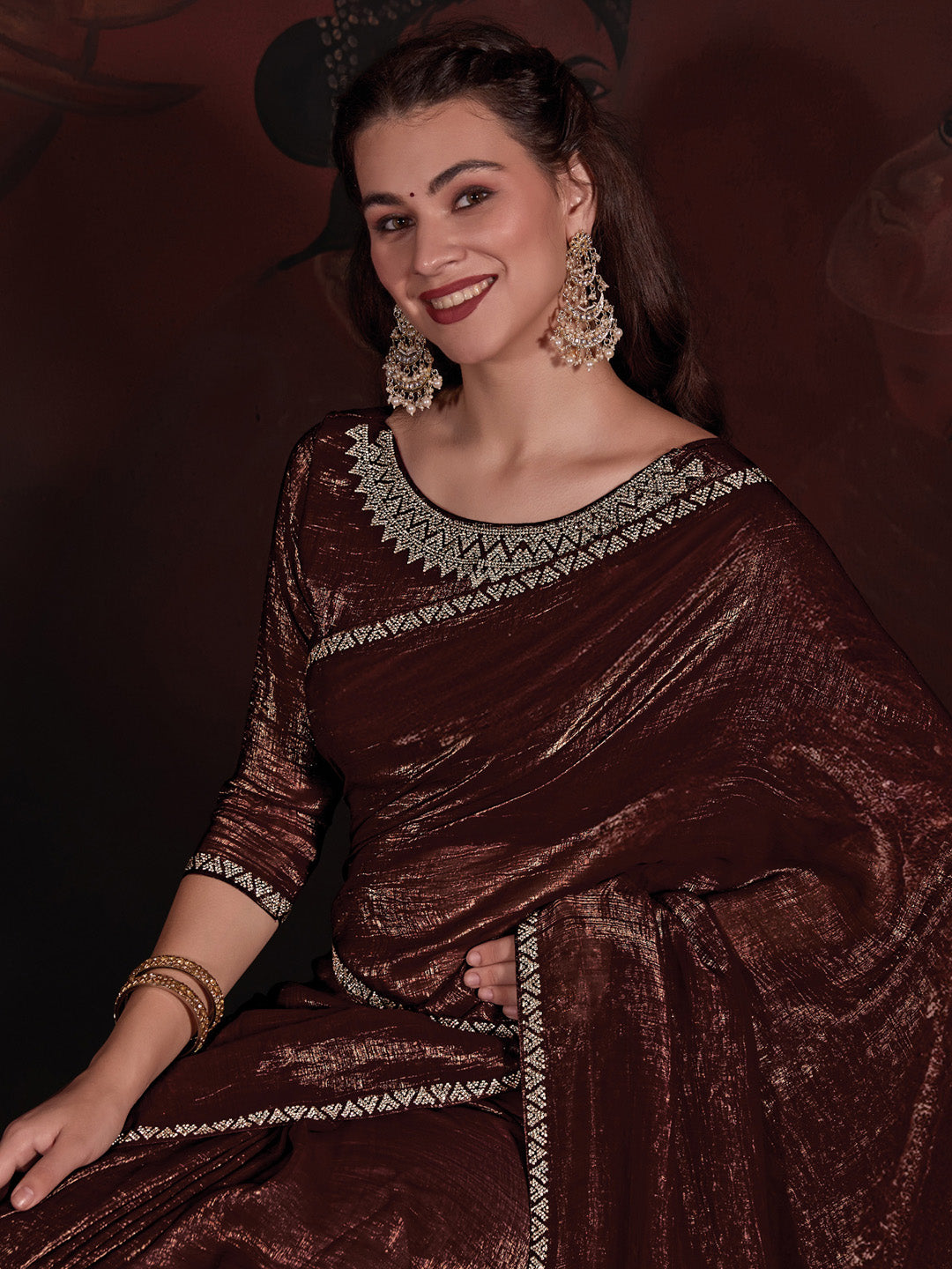 Viscose Silk Brown Embellished Designer Saree With Blouse