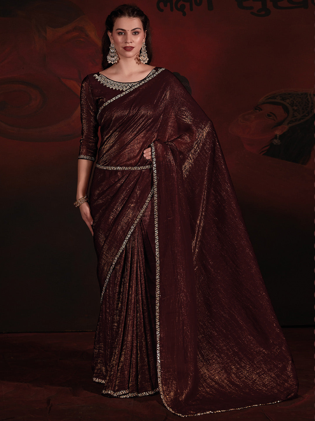 Viscose Silk Brown Embellished Designer Saree With Blouse