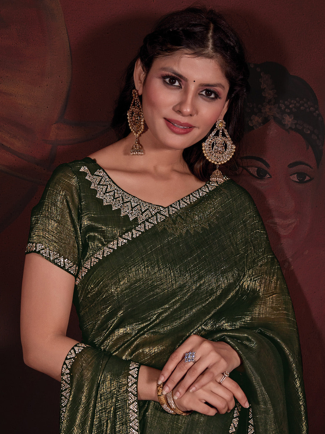 Viscose Silk Olive Embellished Designer Saree With Blouse