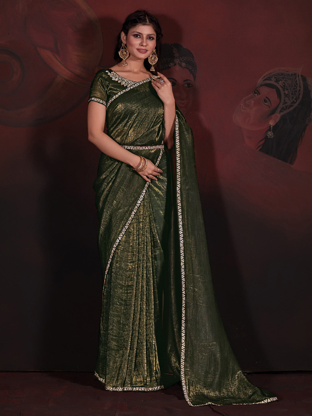 Viscose Silk Olive Embellished Designer Saree With Blouse