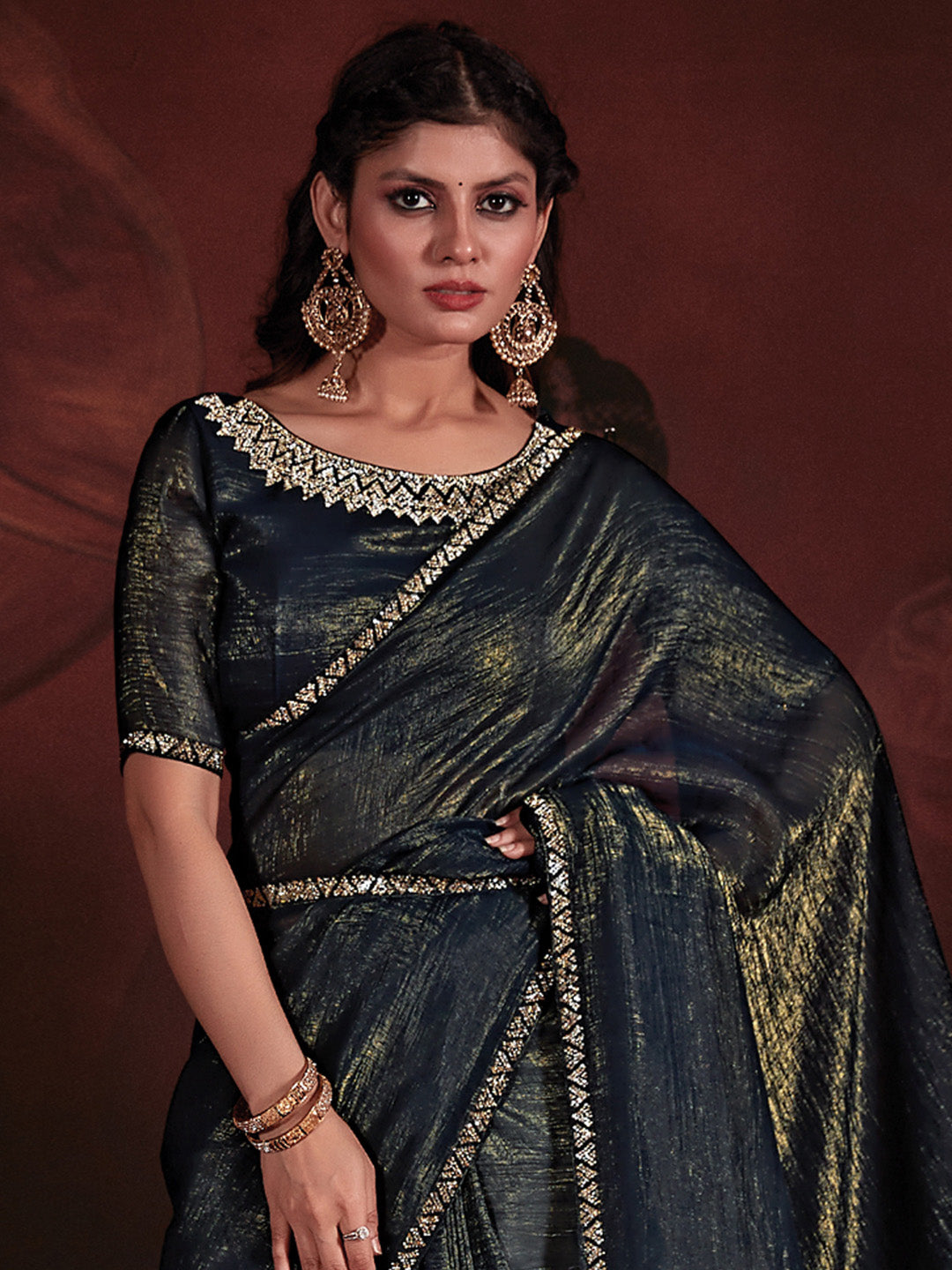 Viscose Silk Teal blue Embellished Designer Saree With Blouse