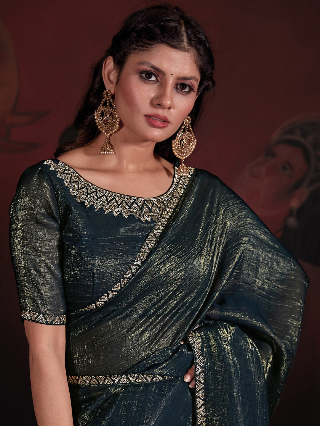 Viscose Silk Teal blue Embellished Designer Saree With Blouse