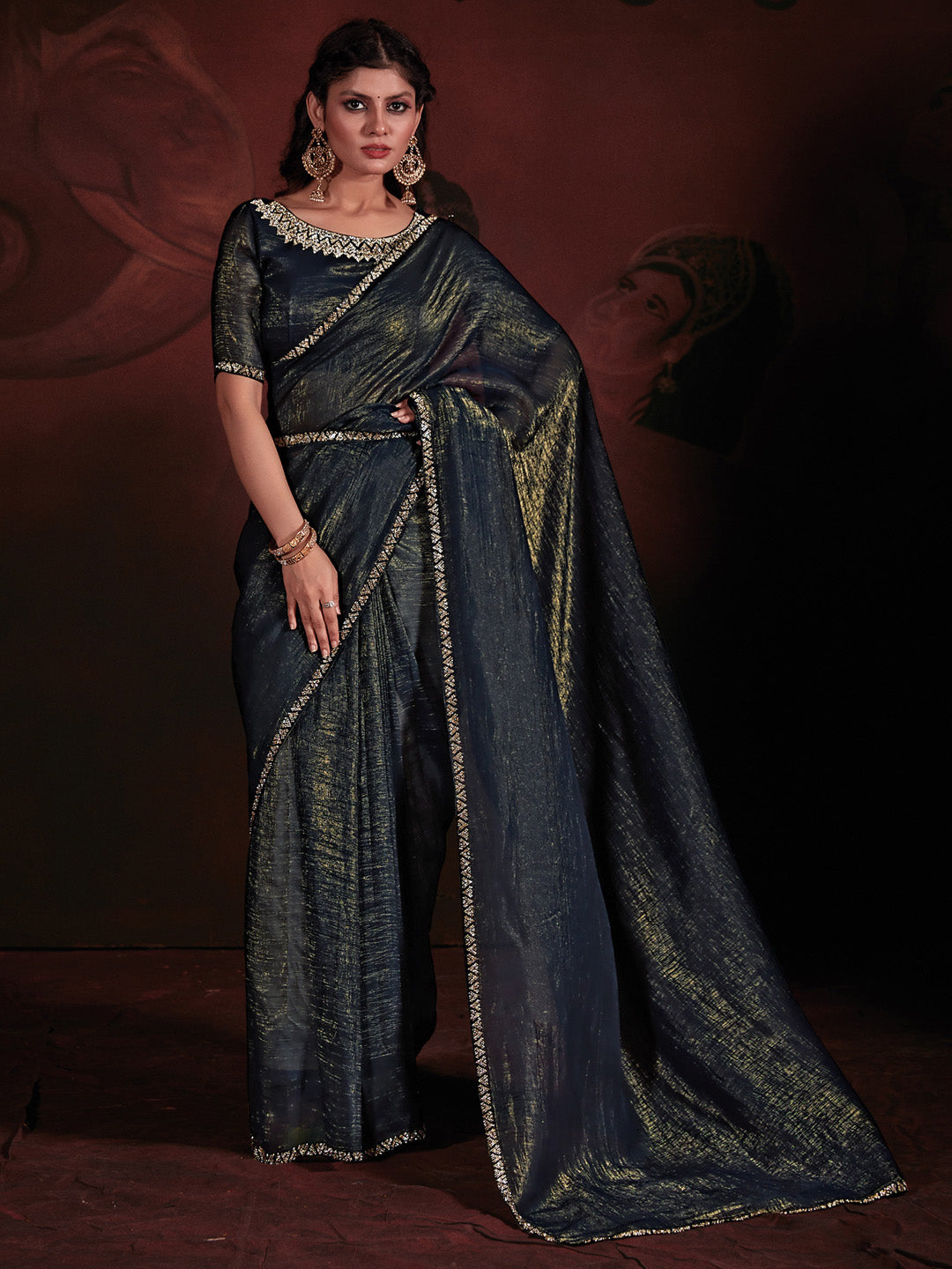 Viscose Silk Teal blue Embellished Designer Saree With Blouse