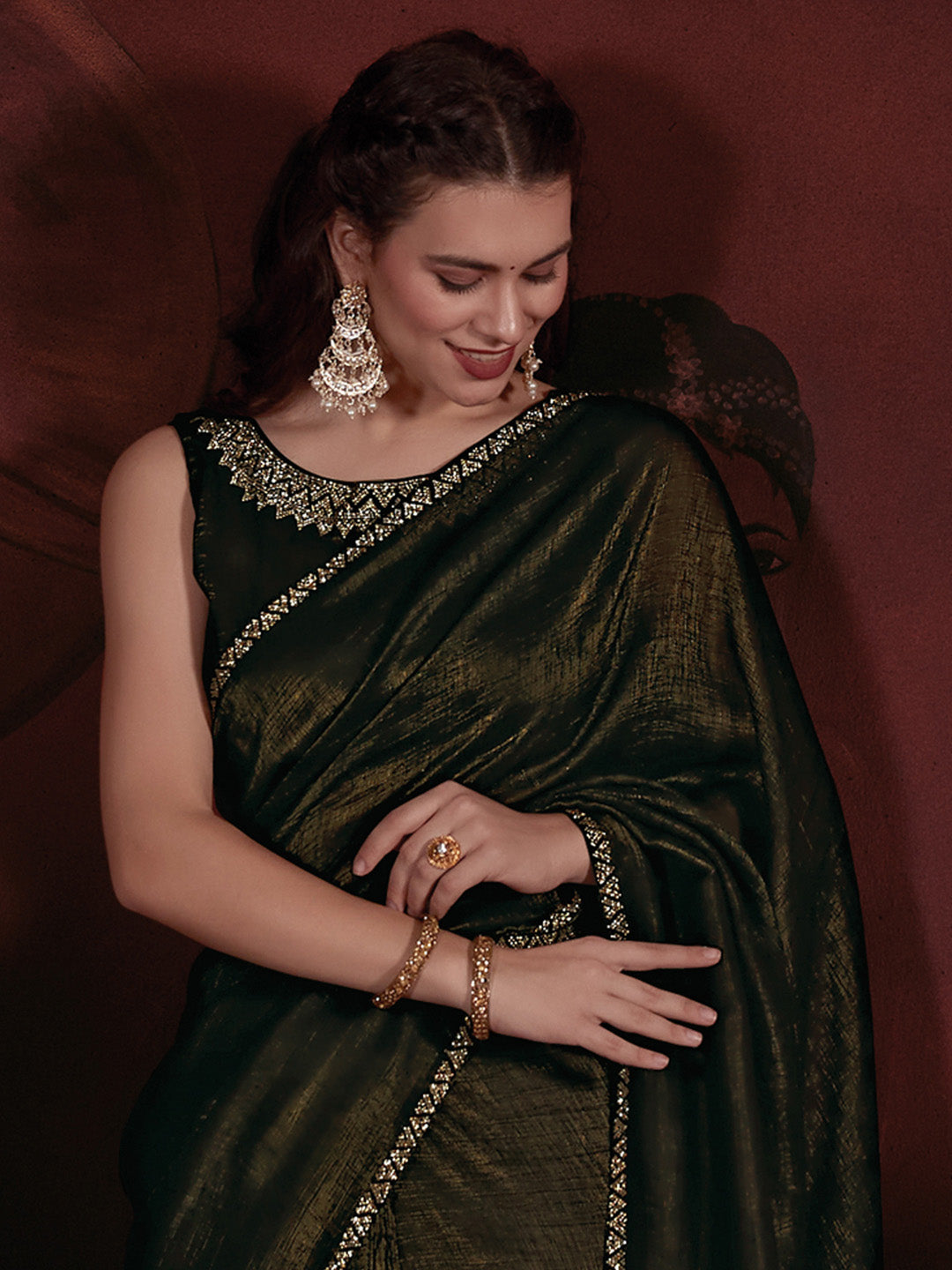 Viscose Silk Olive Embellished Designer Saree With Blouse