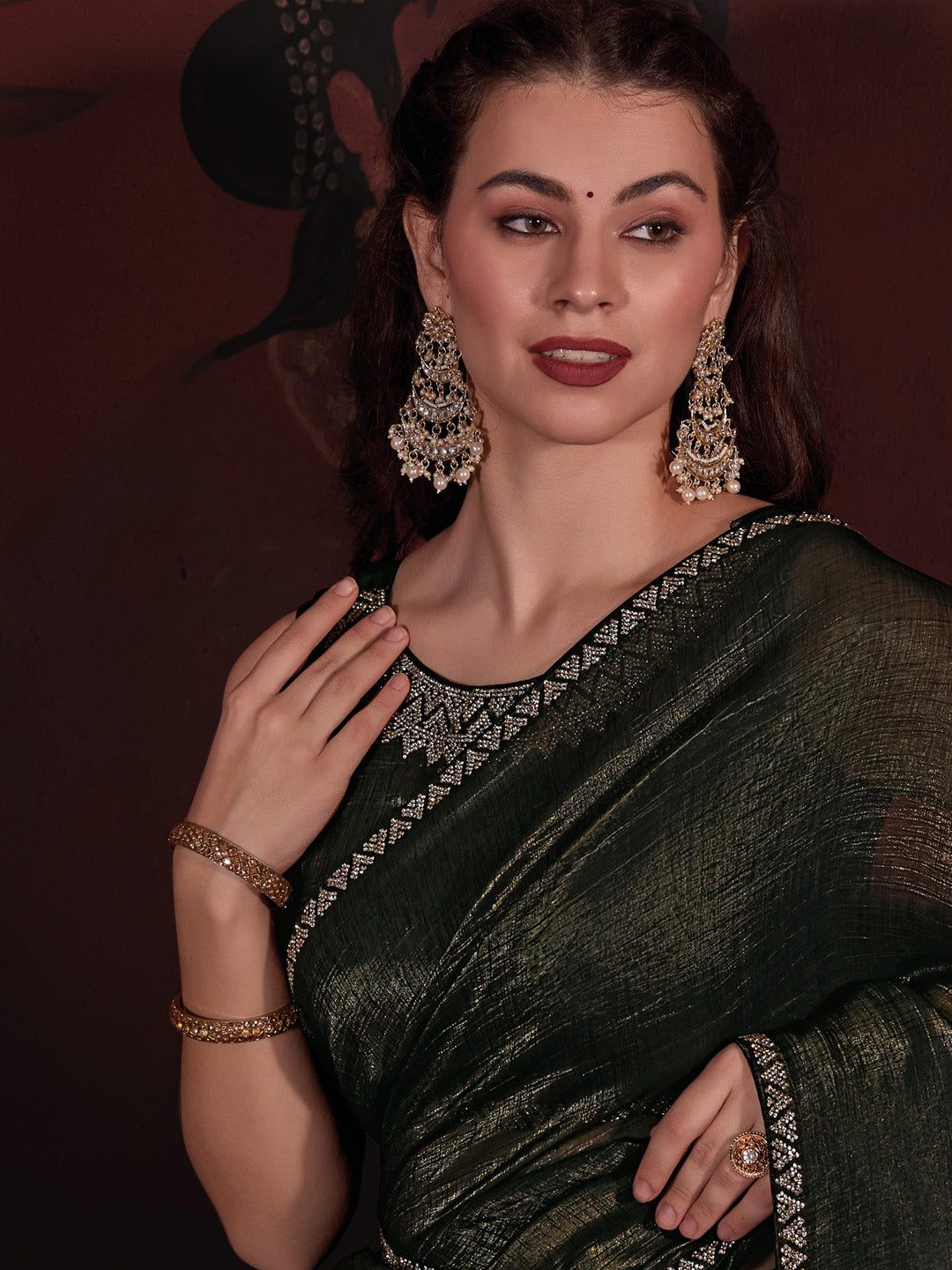 Viscose Silk Olive Embellished Designer Saree With Blouse