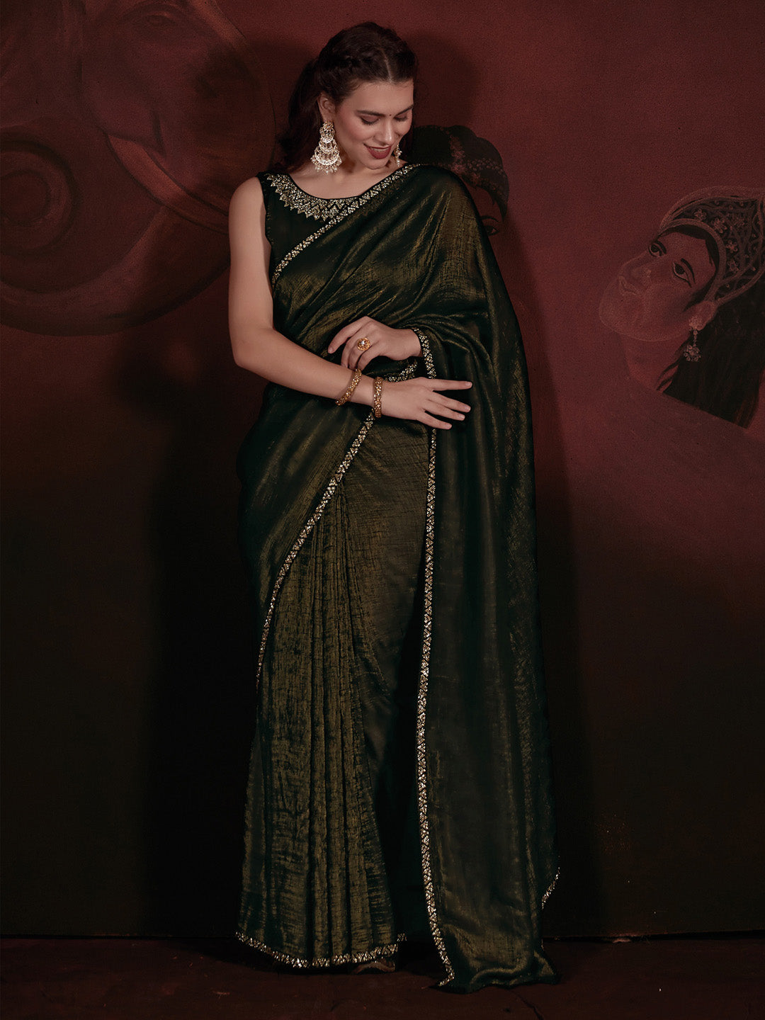 Viscose Silk Olive Embellished Designer Saree With Blouse