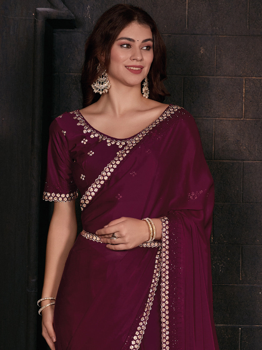 Satin Silk Pink Embellished Designer Saree With Blouse