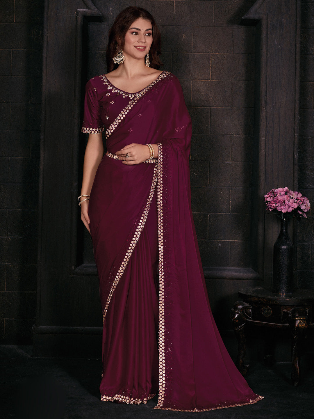 Satin Silk Pink Embellished Designer Saree With Blouse