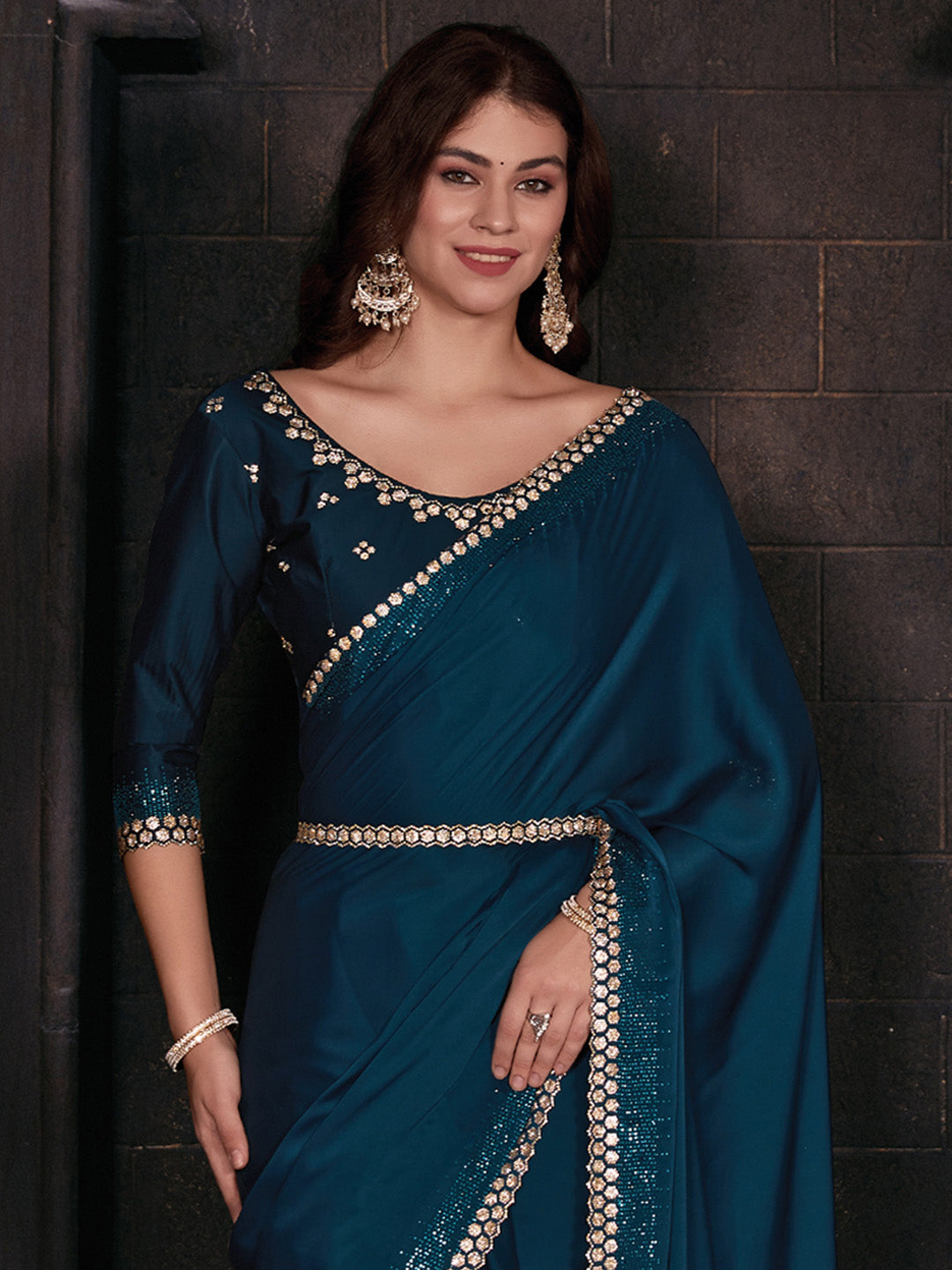 Satin Silk Teal blue Embellished Designer Saree With Blouse