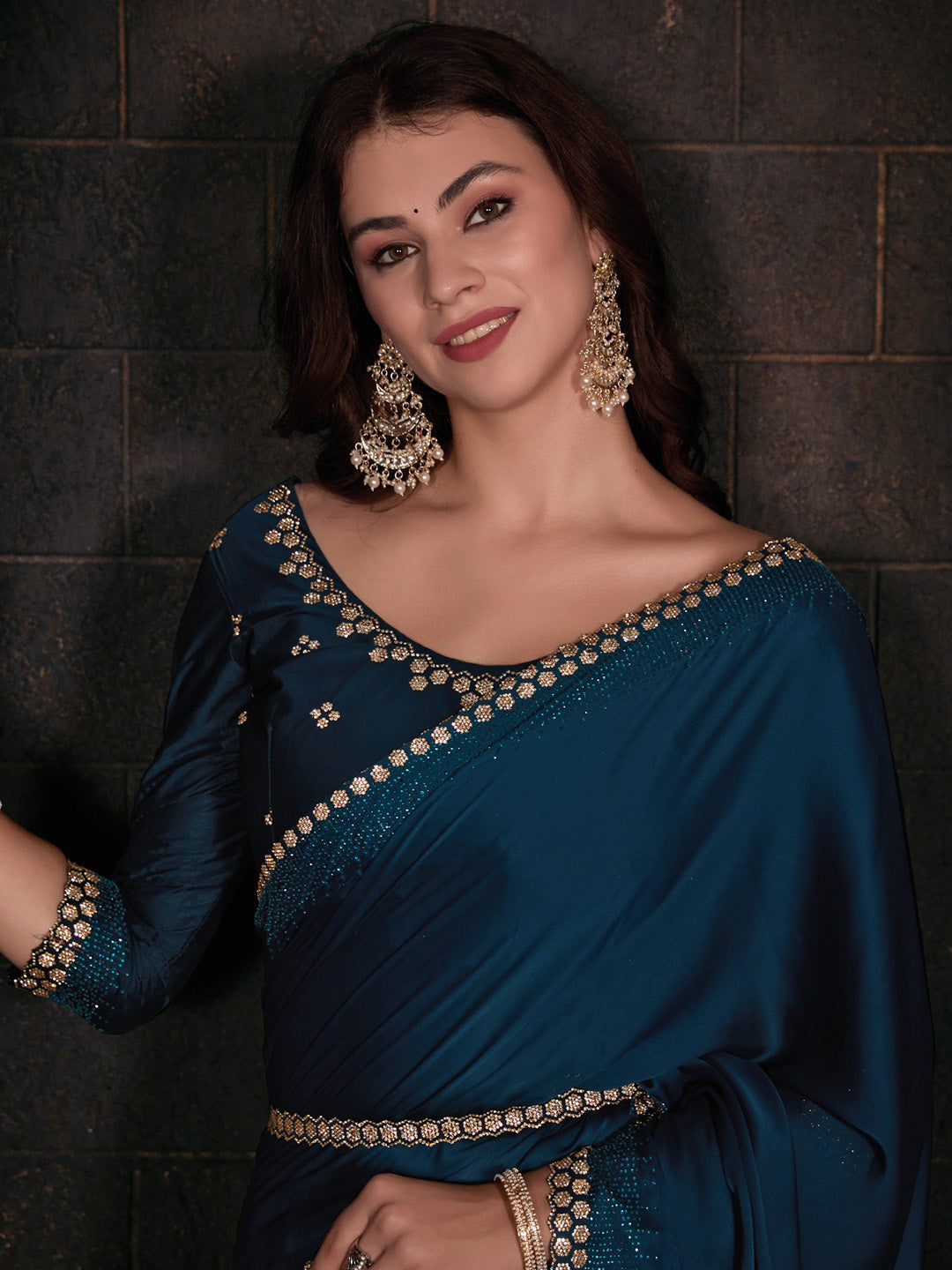 Satin Silk Teal blue Embellished Designer Saree With Blouse