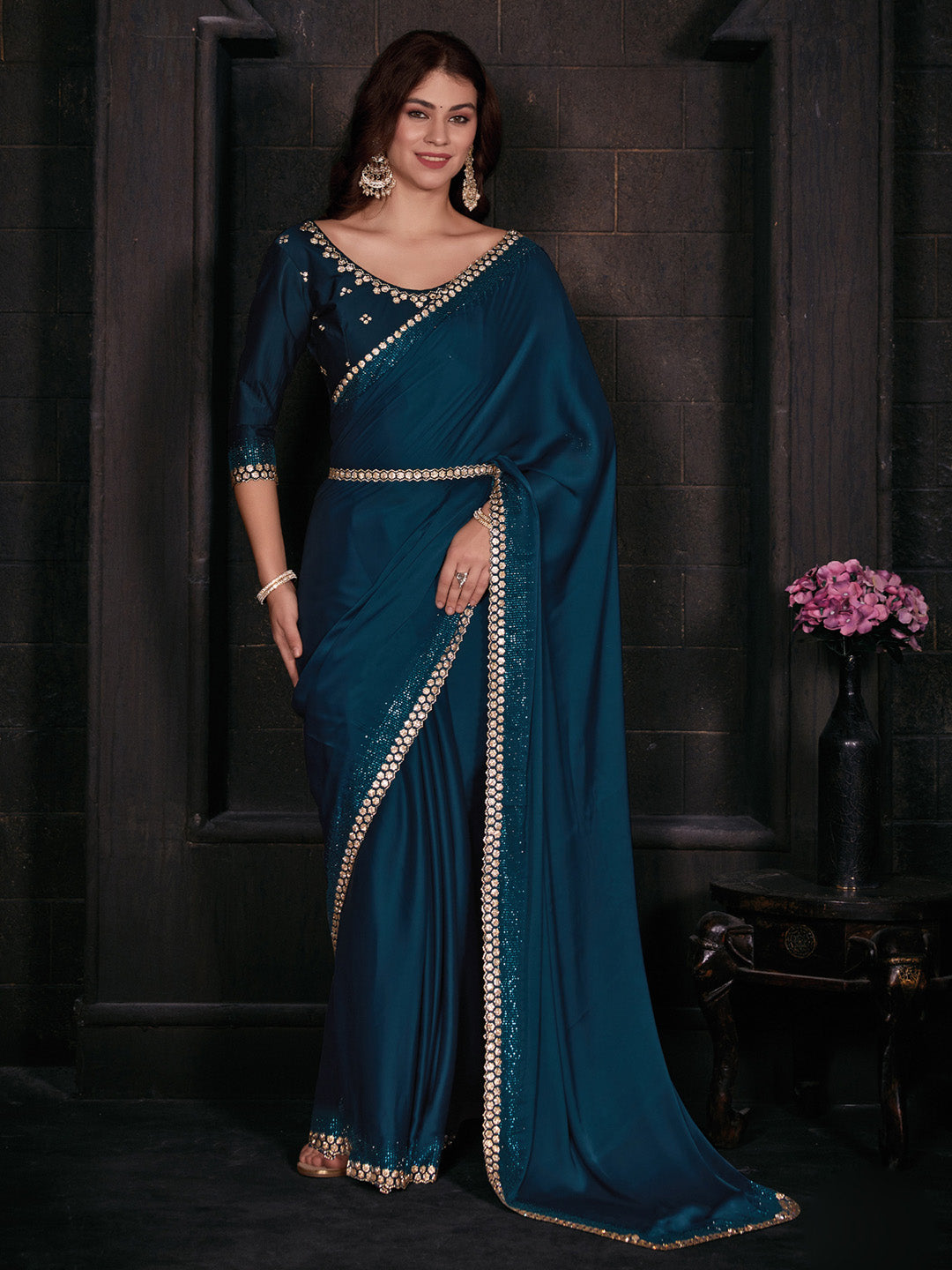 Satin Silk Teal blue Embellished Designer Saree With Blouse