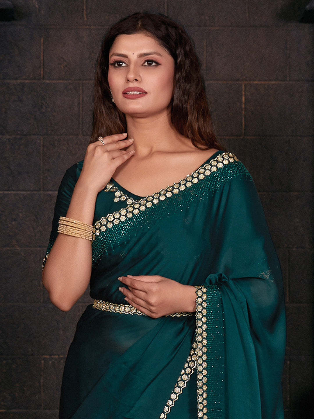 Satin Silk Teal green Embellished Designer Saree With Blouse