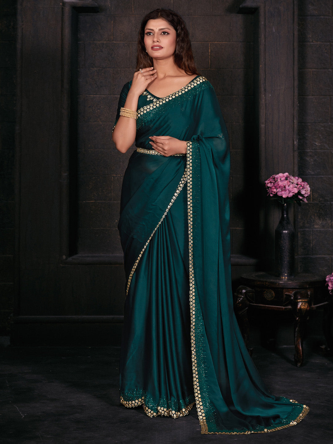 Satin Silk Teal green Embellished Designer Saree With Blouse