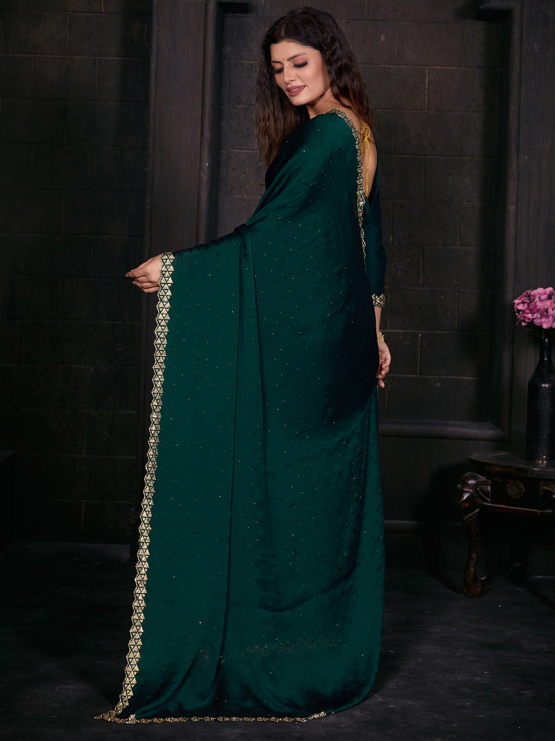 Satin Silk Teal green Embellished Designer Saree With Blouse