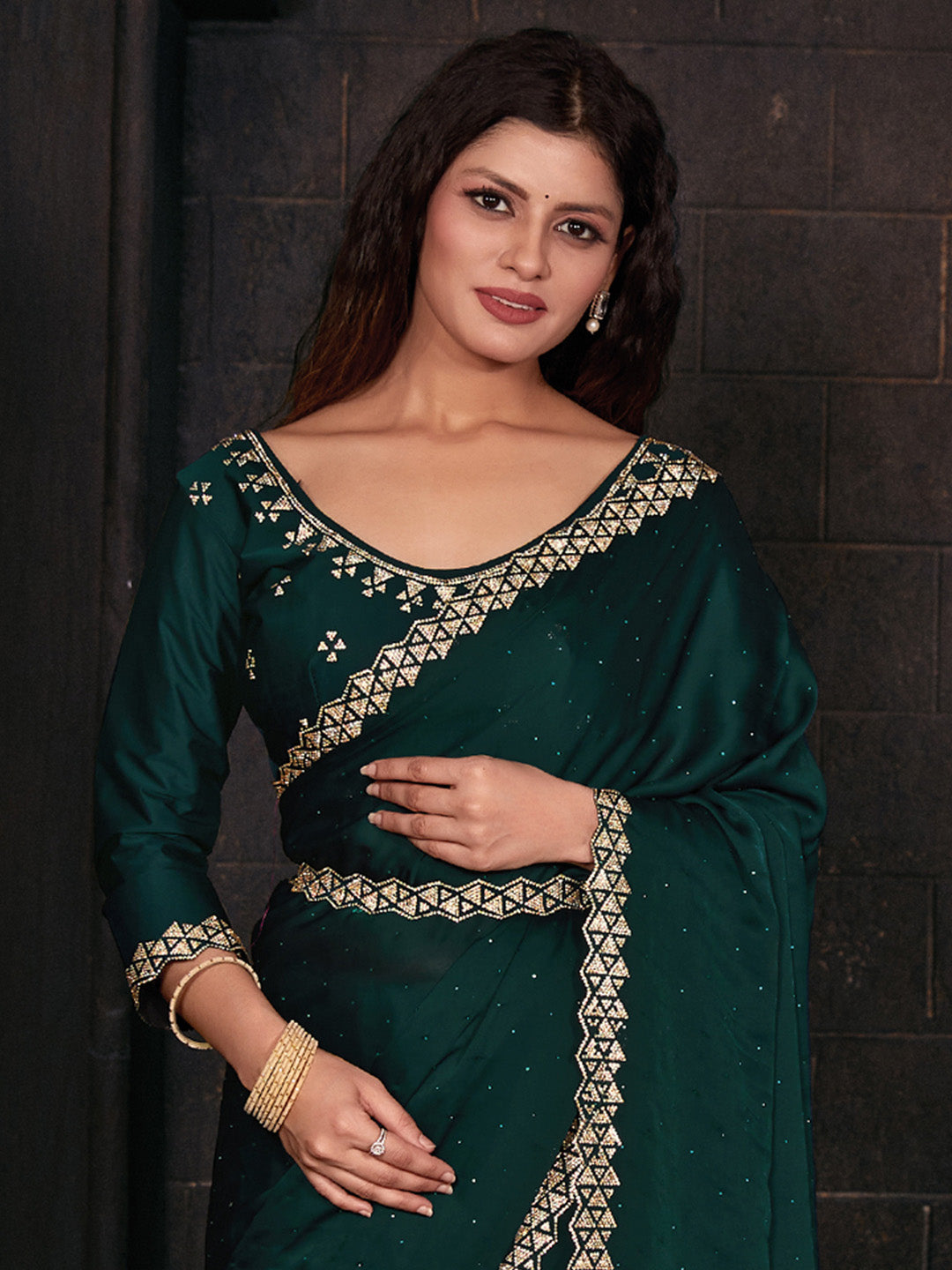 Satin Silk Teal green Embellished Designer Saree With Blouse