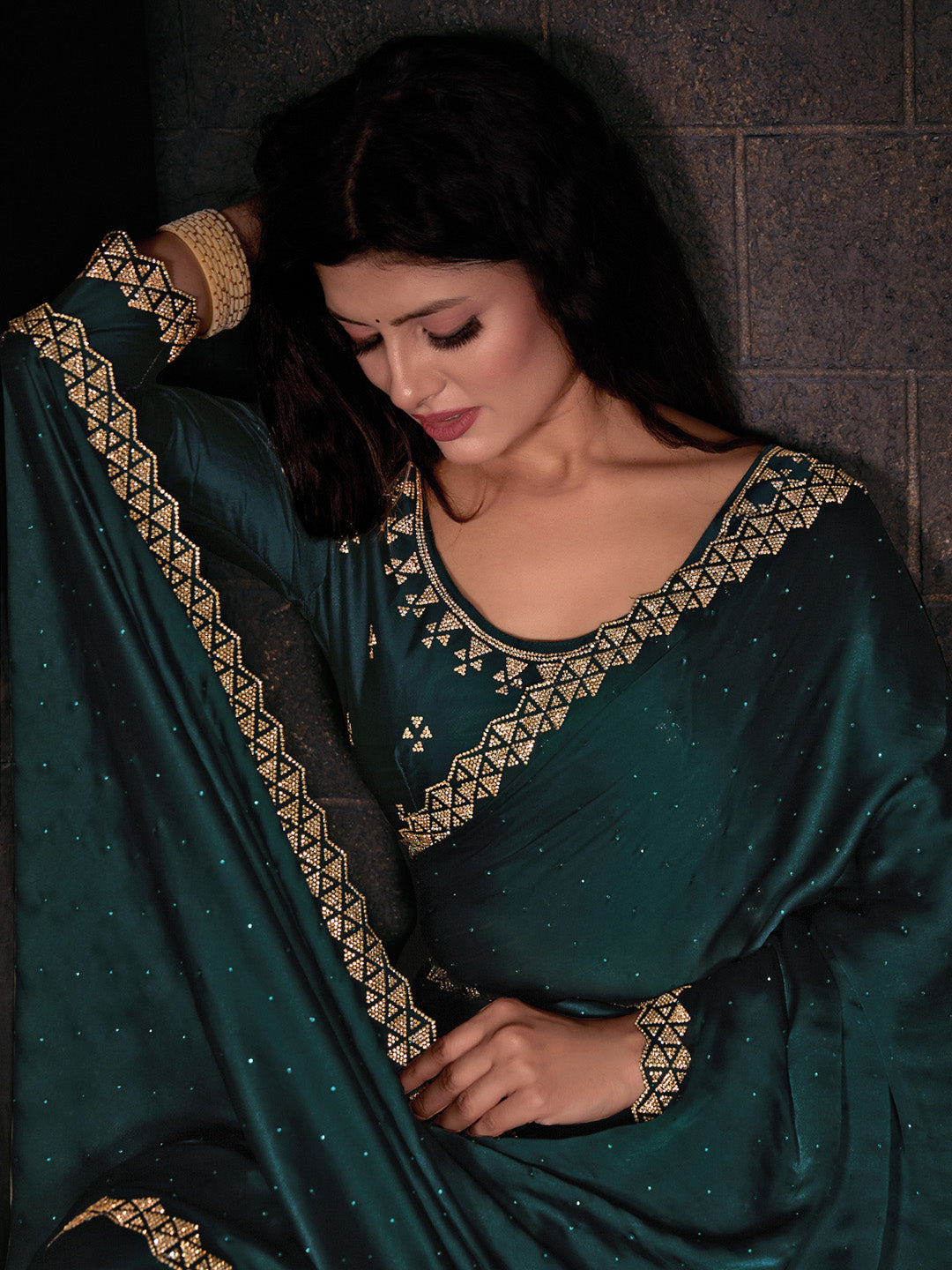 Satin Silk Teal green Embellished Designer Saree With Blouse