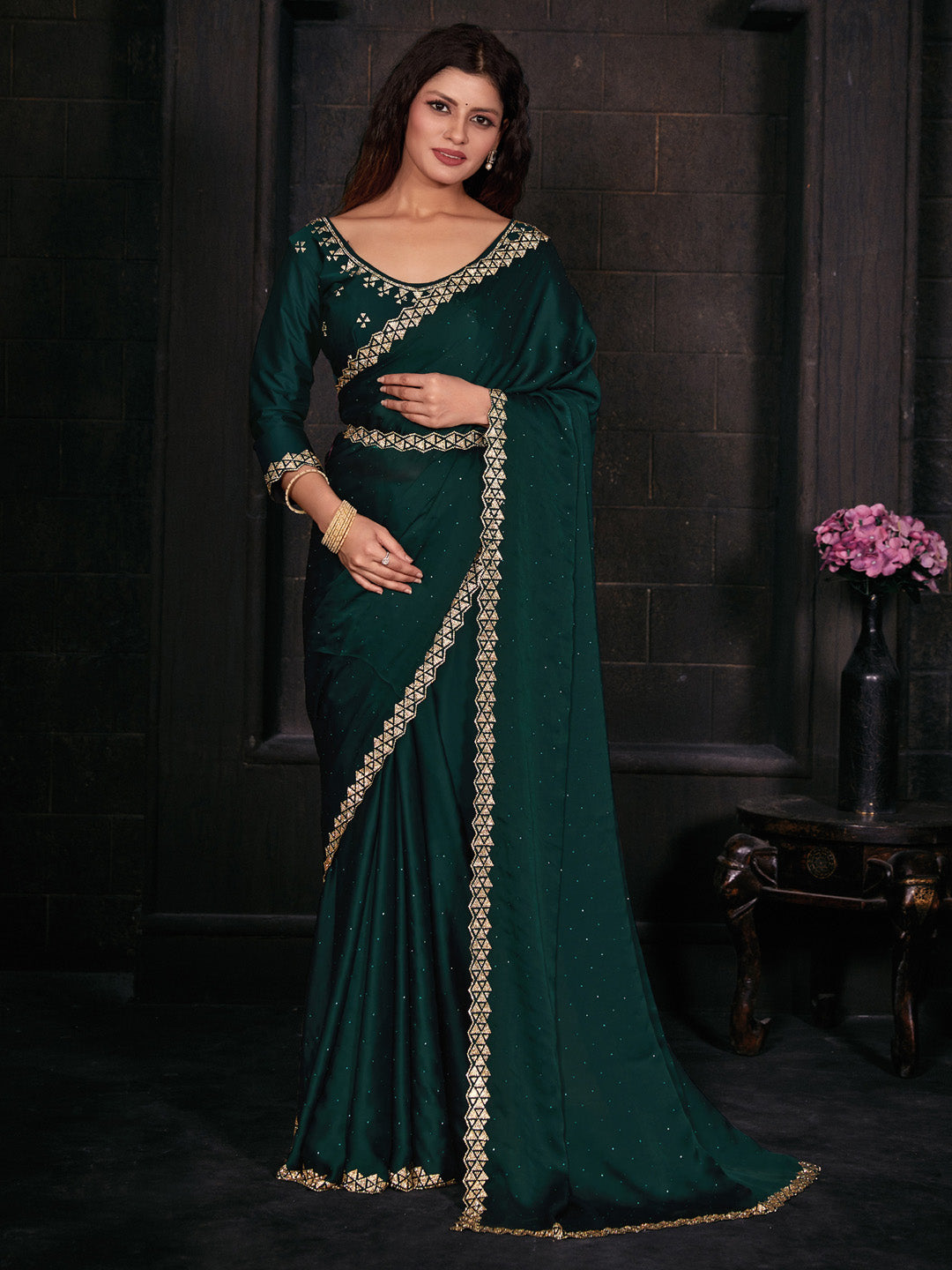 Satin Silk Teal green Embellished Designer Saree With Blouse